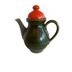 Vintage Green Ceramic Tea Pot With Red Lid